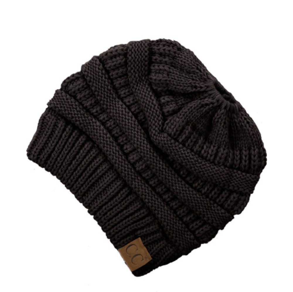 Solid Black Messy Bun Beanie